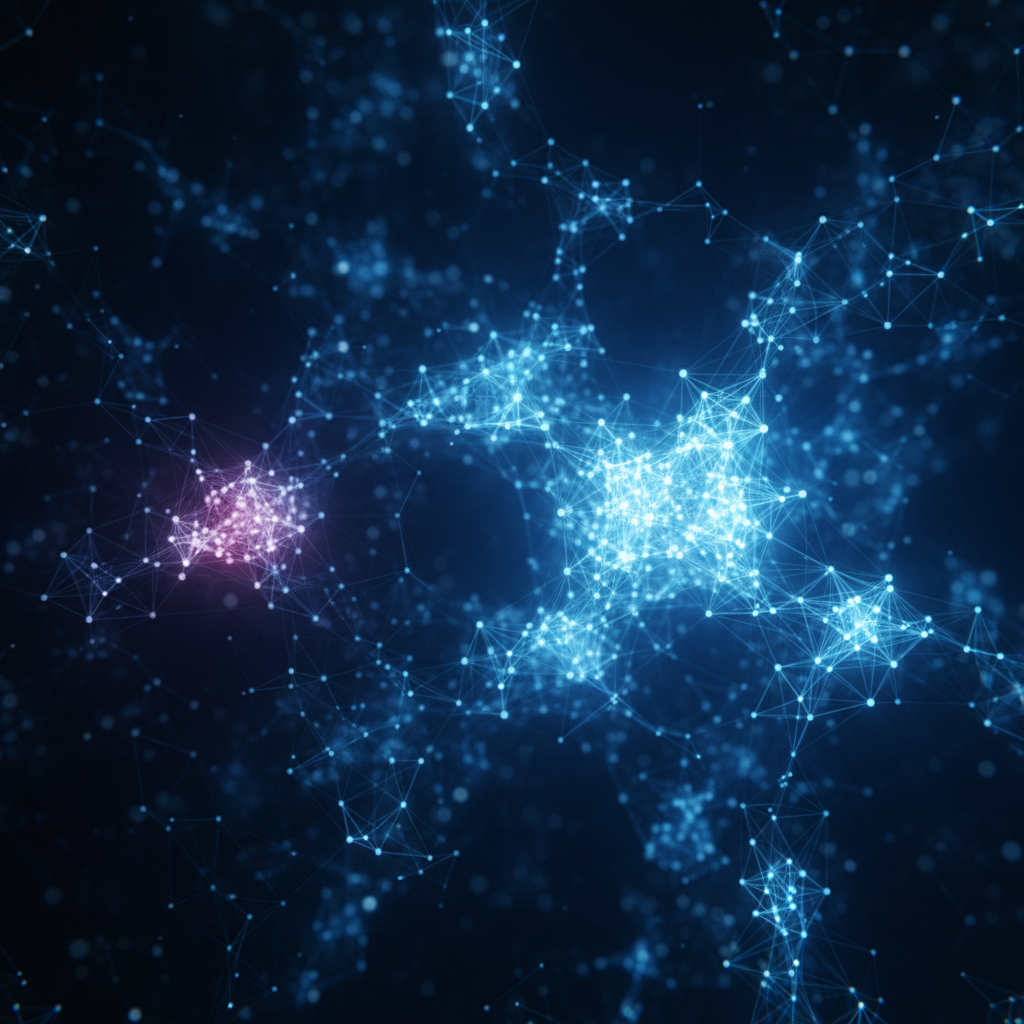 Futuristische Visualisierung eines KI-Netzwerks, in dem sichtbare Unternehmen hell leuchten und unsichtbare im Dunkeln verschwinden