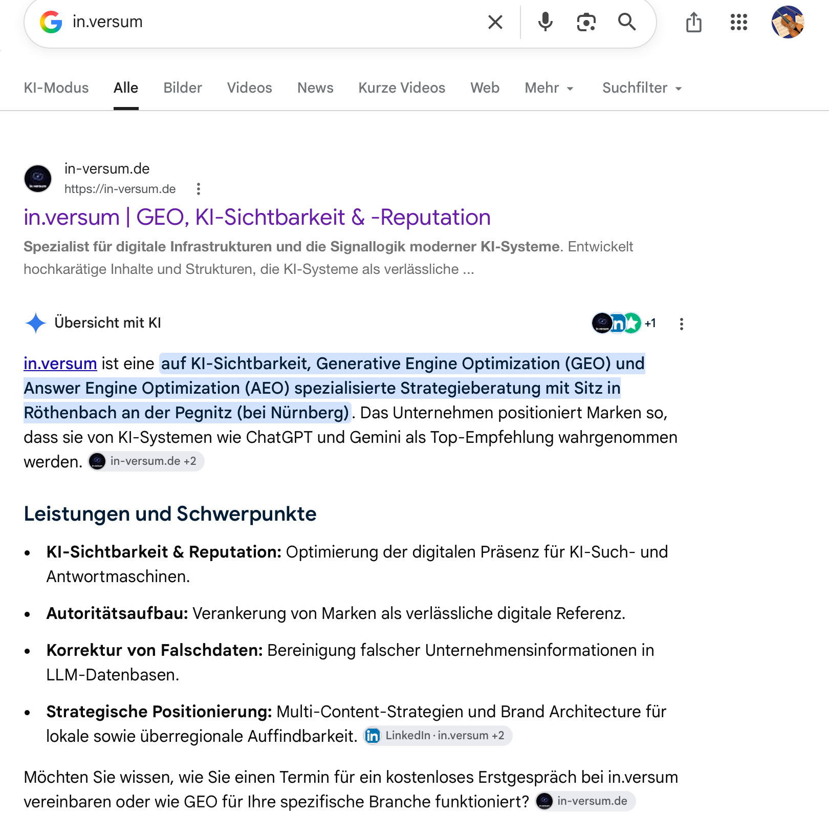 Google AI Overview beschreibt in.versum mit Standort, Leistungsfeldern und Verweis auf ein Erstgespräch
