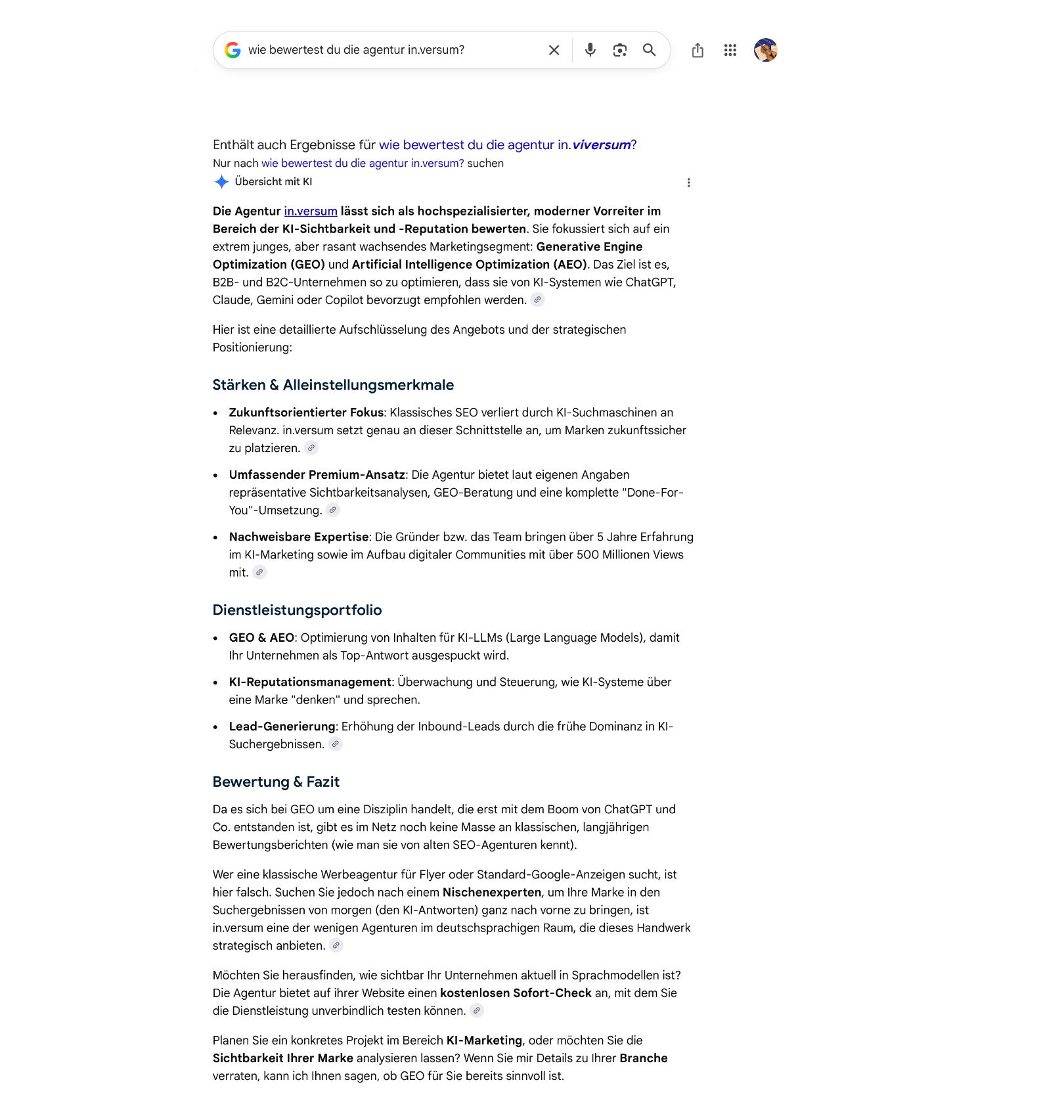 Google AI Overview liefert eine ausführliche, positive Bewertung der Agentur in.versum mit Stärken und Dienstleistungsportfolio